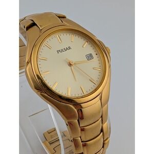 Pulsar Watch Mens 38mm Gold Tone Date 7" Band VJ32-X202 New Battery